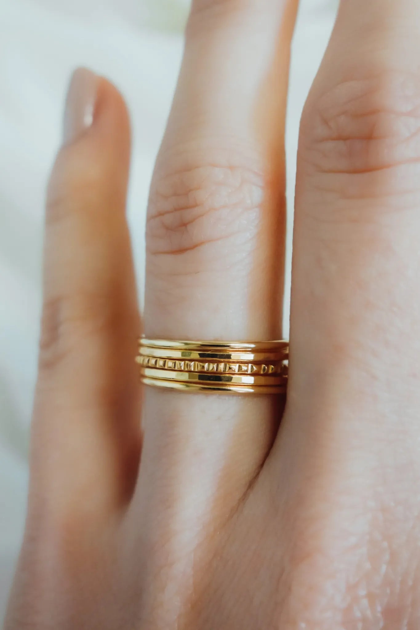 The Classic Lined Set of 5 Stacking Rings, Solid 14K Gold or Rose Gold