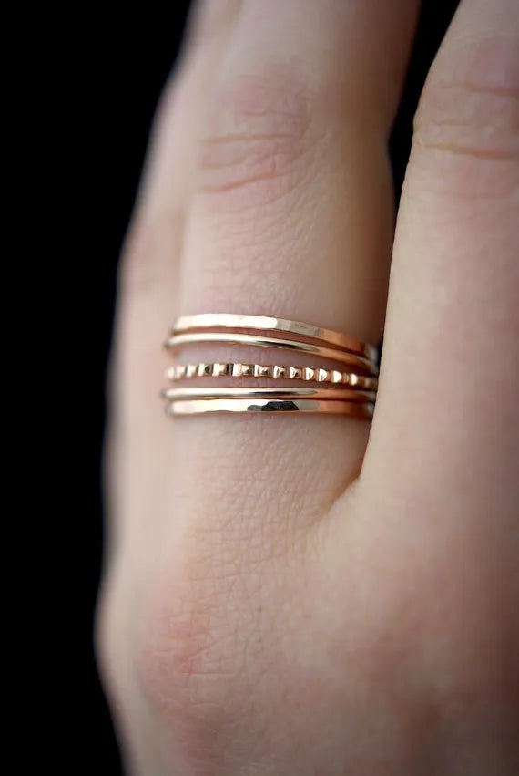 The Classic Lined Set of 5 Stacking Rings, Solid 14K Gold or Rose Gold
