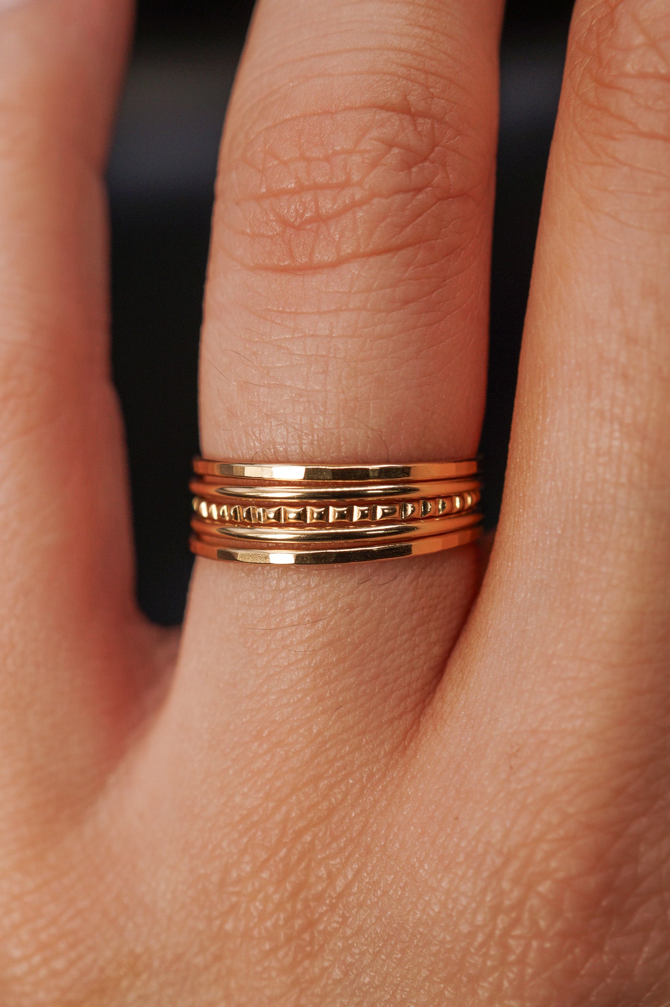 The Classic Lined Set of 5 Stacking Rings, Solid 14K Gold or Rose Gold