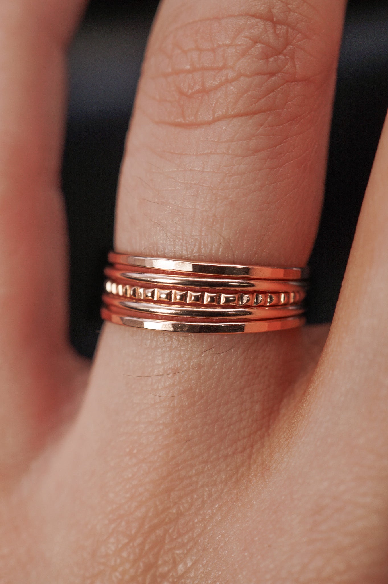 The Classic Lined Set of 5 Stacking Rings, Solid 14K Gold or Rose Gold