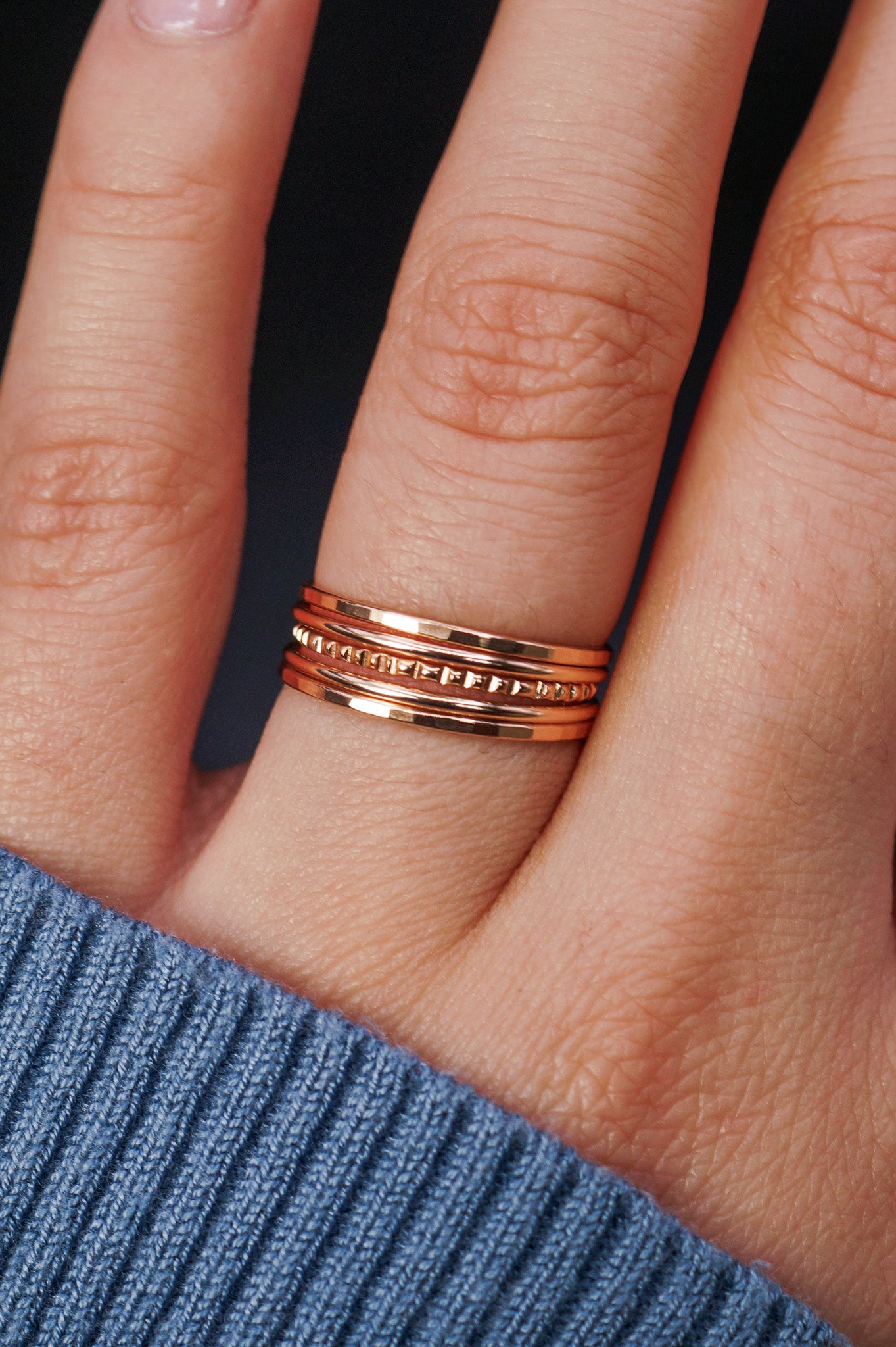 The Classic Lined Set of 5 Stacking Rings, Solid 14K Gold or Rose Gold