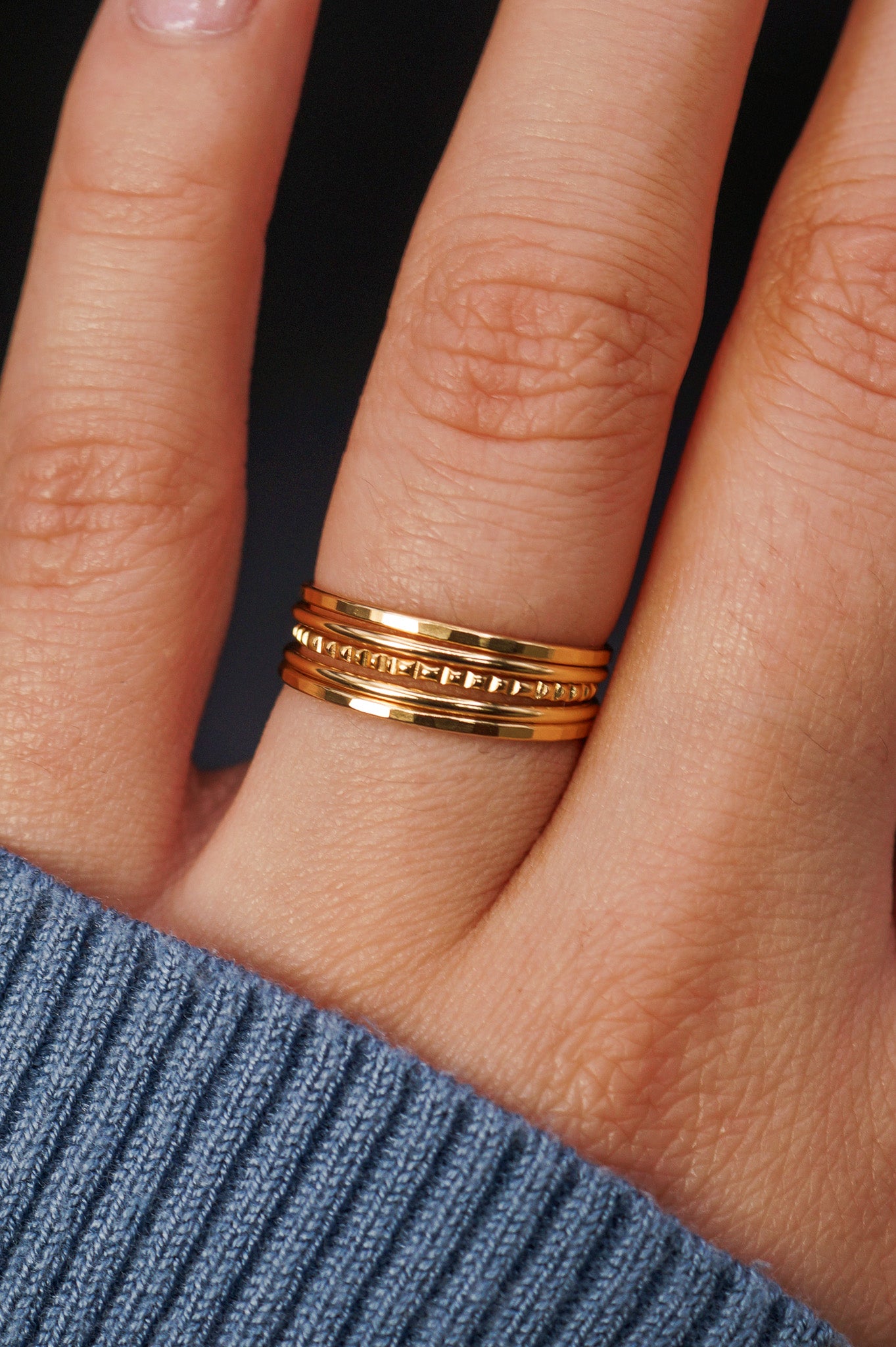 The Classic Lined Set of 5 Stacking Rings, Solid 14K Gold or Rose Gold