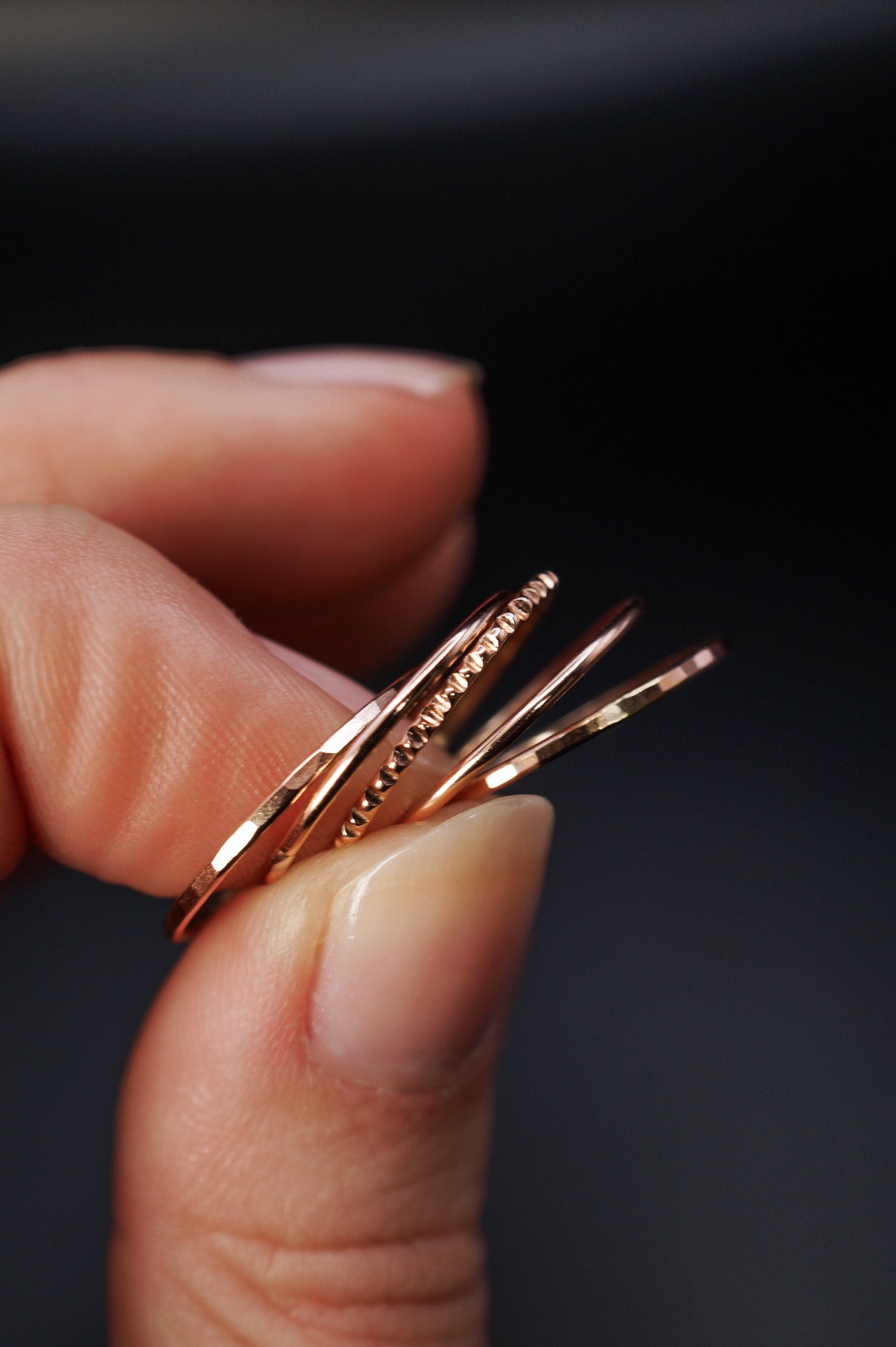 The Classic Lined Set of 5 Stacking Rings, Solid 14K Gold or Rose Gold
