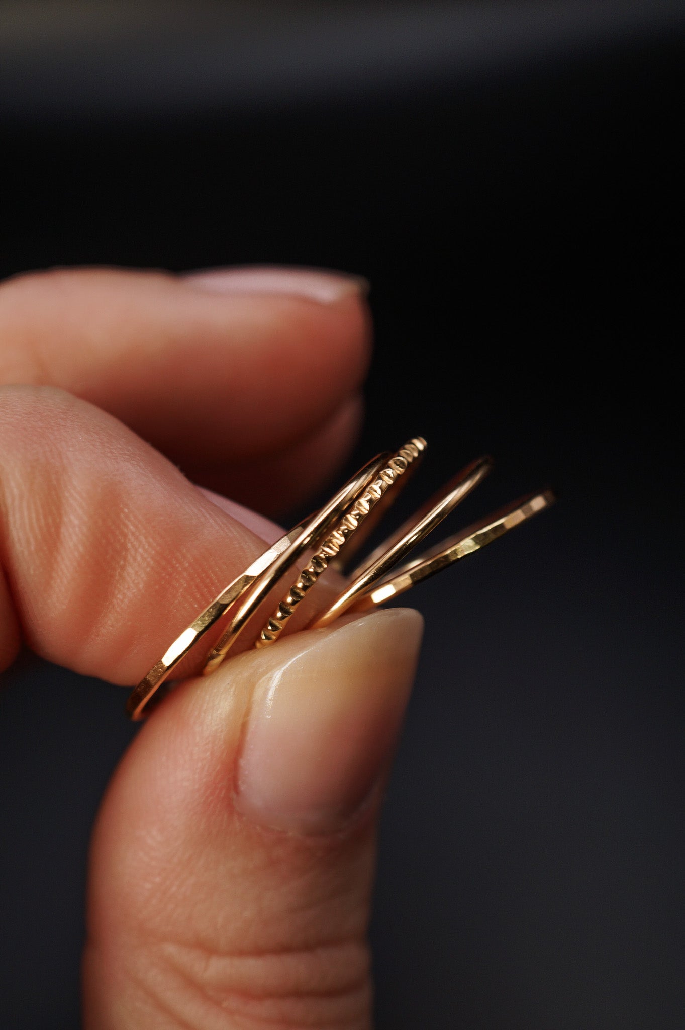 The Classic Lined Set of 5 Stacking Rings, Solid 14K Gold or Rose Gold
