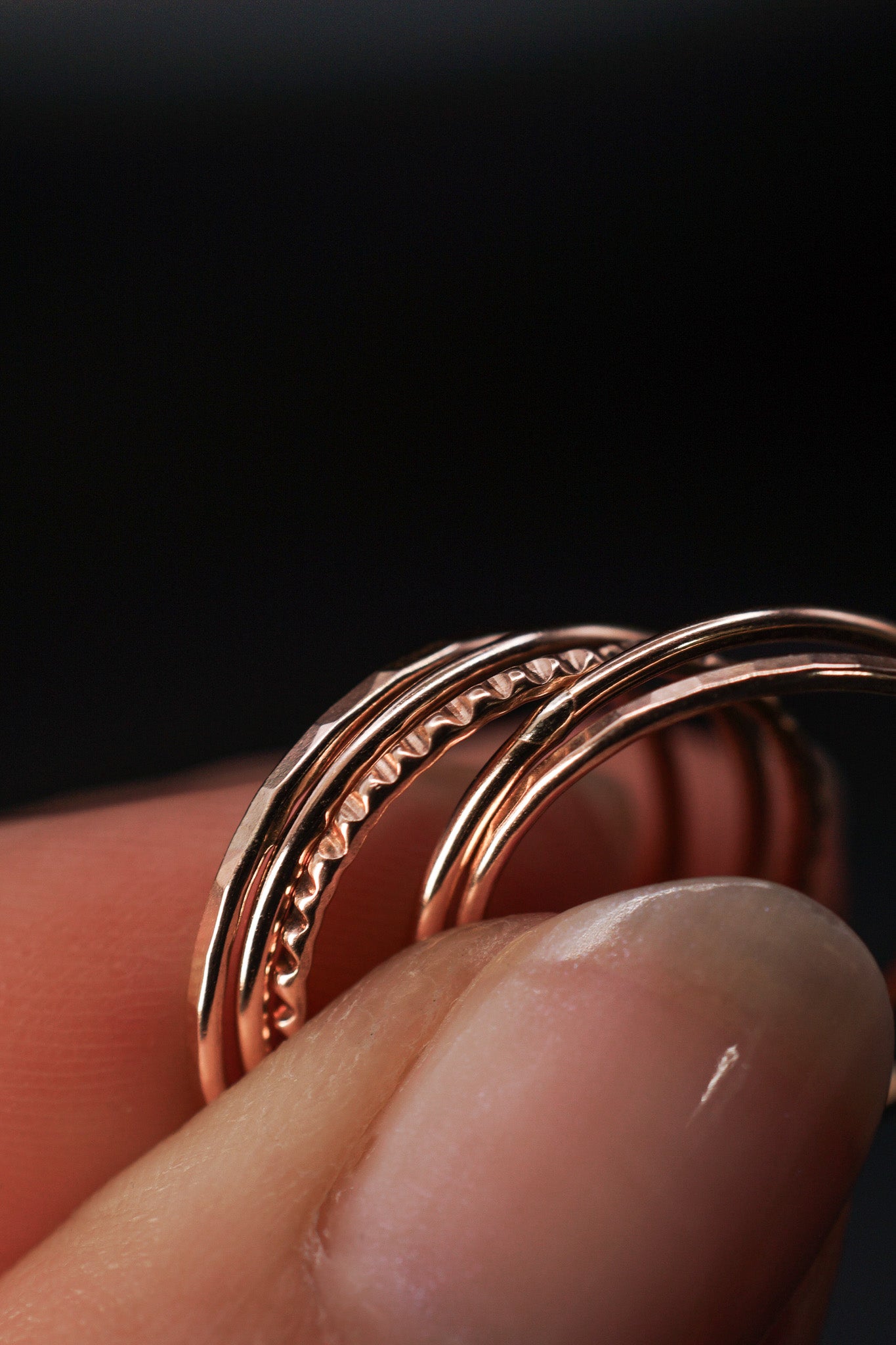 The Classic Lined Set of 5 Stacking Rings, Solid 14K Gold or Rose Gold