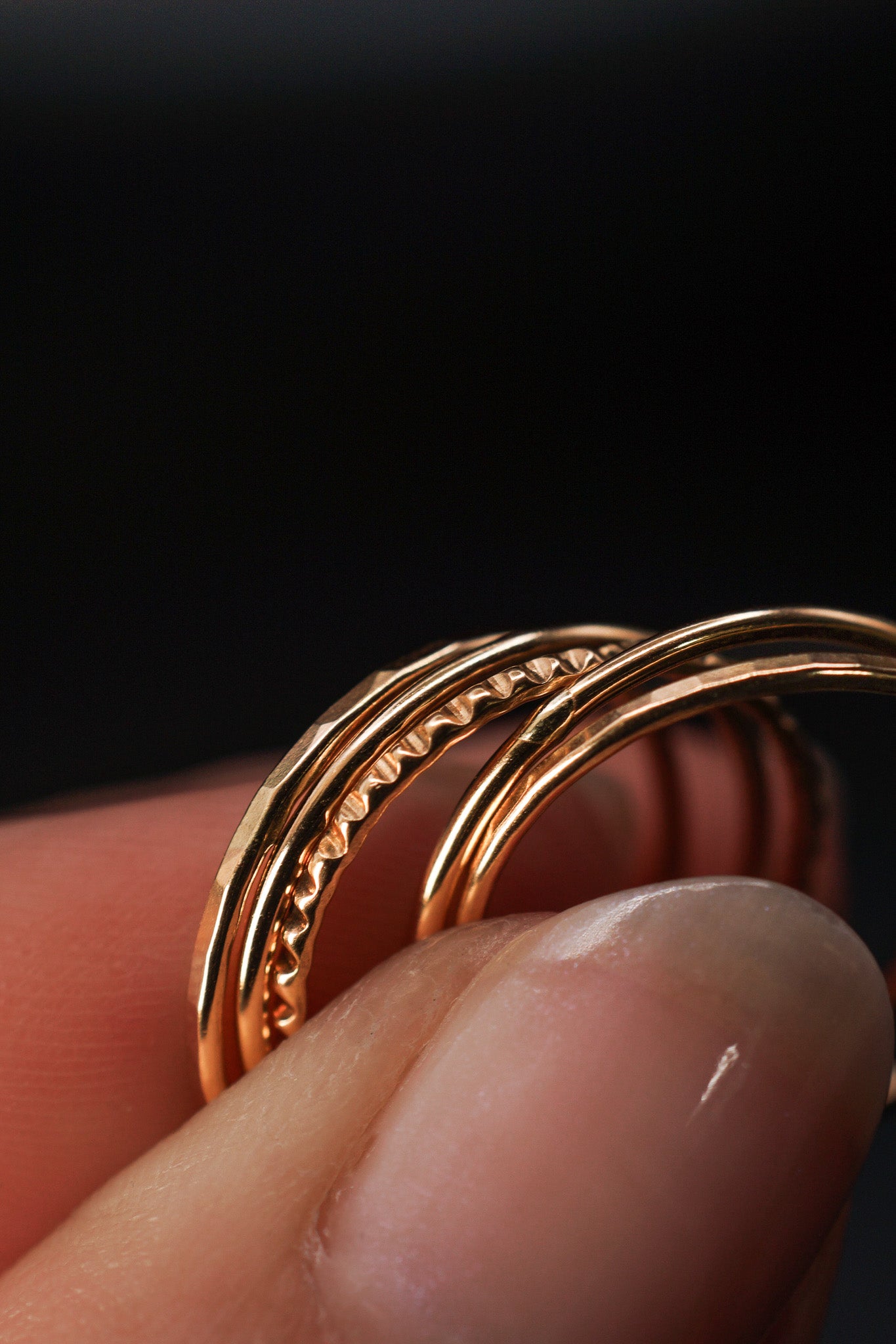 The Classic Lined Set of 5 Stacking Rings, Solid 14K Gold or Rose Gold
