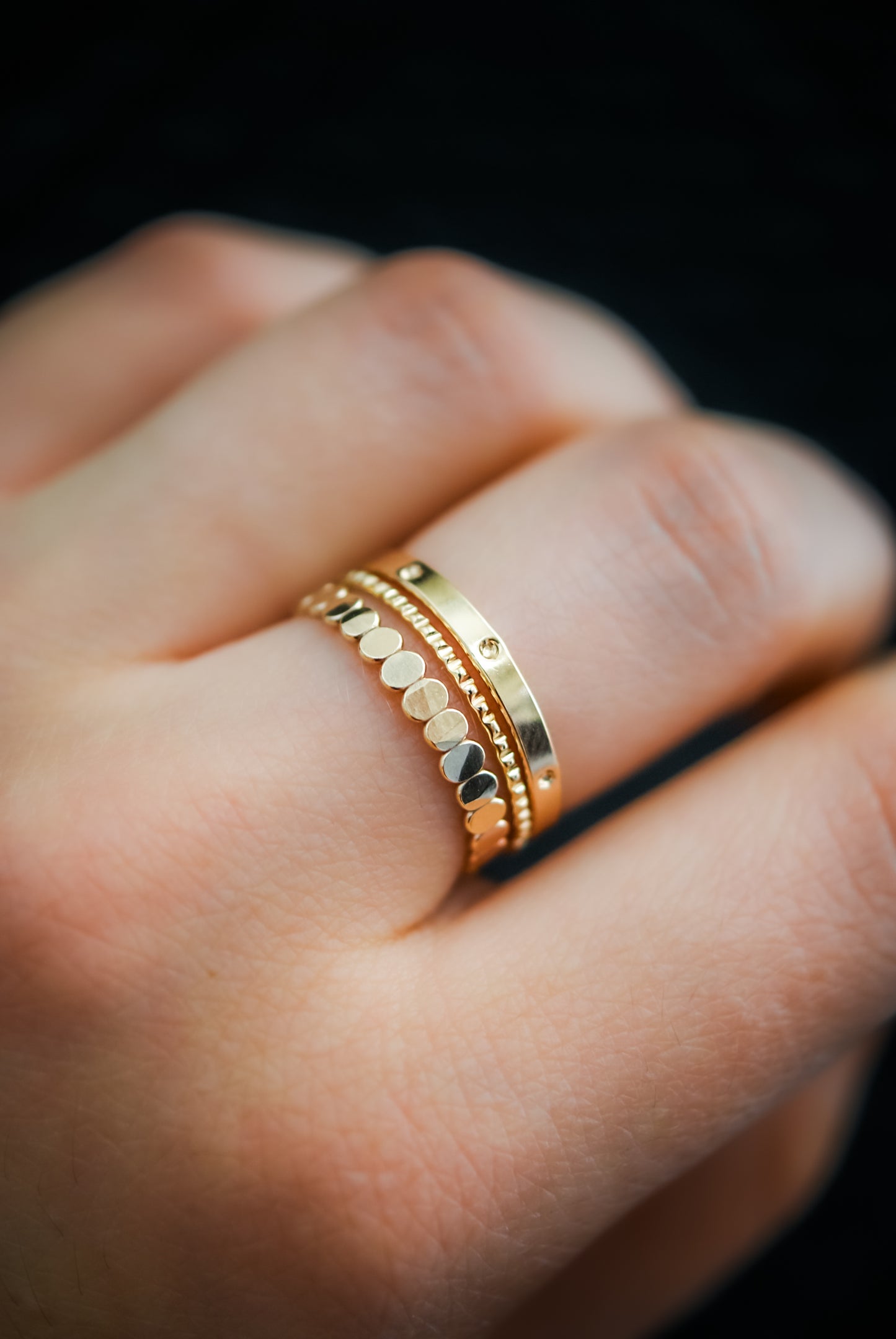 STACKED RING SET. THICK BEAD RING. 2MM. MOON RING. TEXTURED SET. LINED RING. 1MM. NOTCHED TEXTURE. EXTRA THICK DOT RING. DOTTED RING. CIRCLES. 2MM. GOLD ROSE OR SILVER.