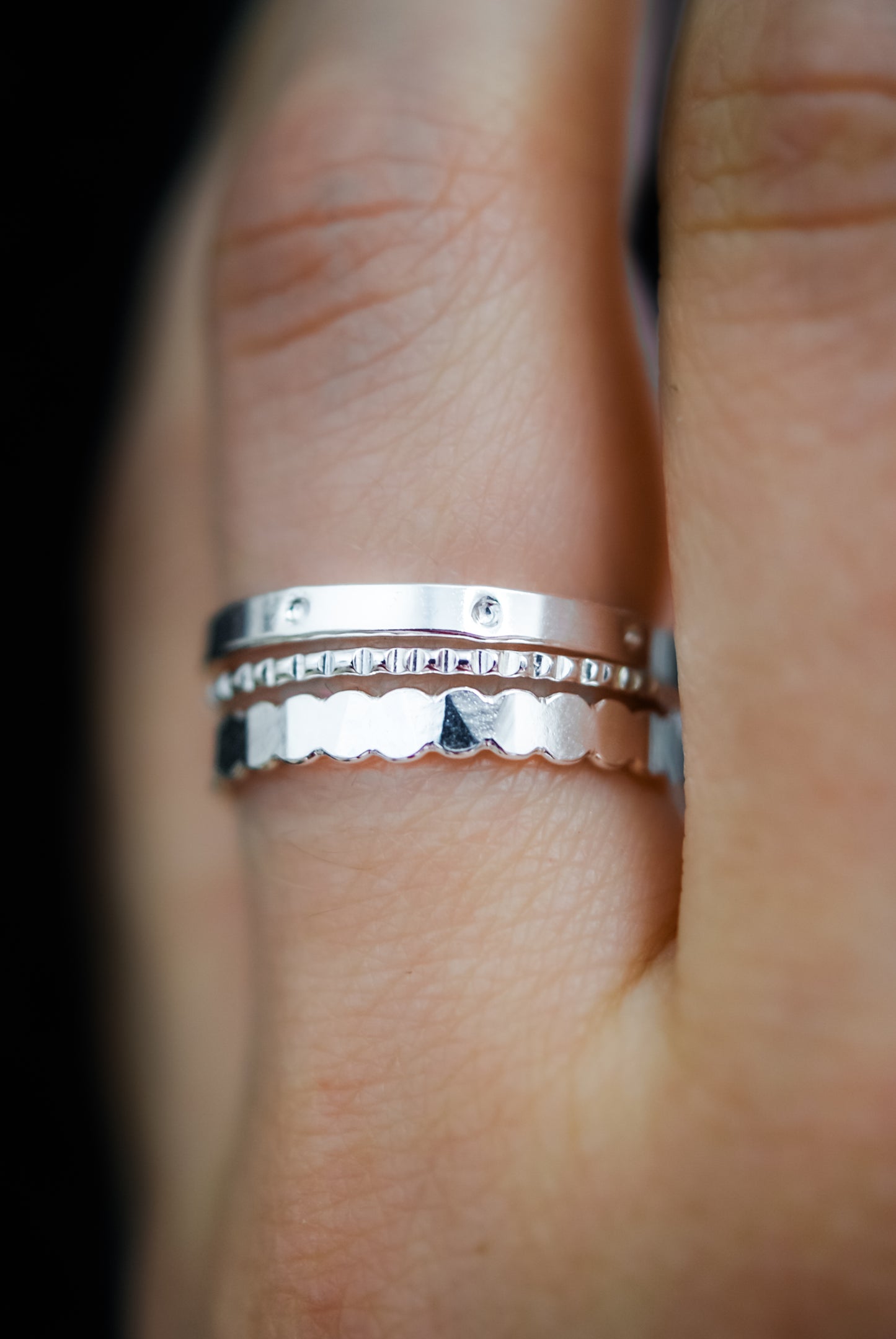 STACKED RING SET. THICK BEAD RING. 2MM. MOON RING. TEXTURED SET. LINED RING. 1MM. NOTCHED TEXTURE. EXTRA THICK DOT RING. DOTTED RING. CIRCLES. 2MM. GOLD ROSE OR SILVER.