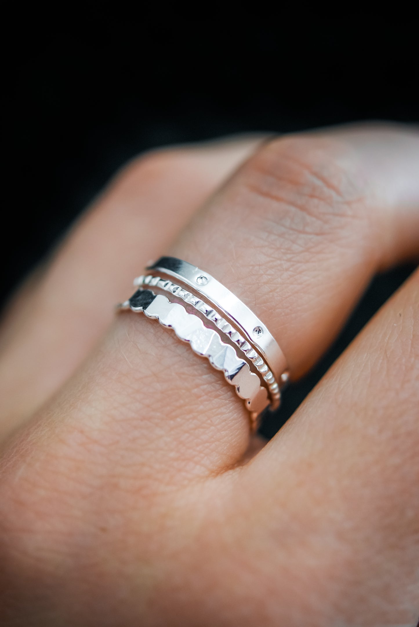 STACKED RING SET. THICK BEAD RING. 2MM. MOON RING. TEXTURED SET. LINED RING. 1MM. NOTCHED TEXTURE. EXTRA THICK DOT RING. DOTTED RING. CIRCLES. 2MM. GOLD ROSE OR SILVER.