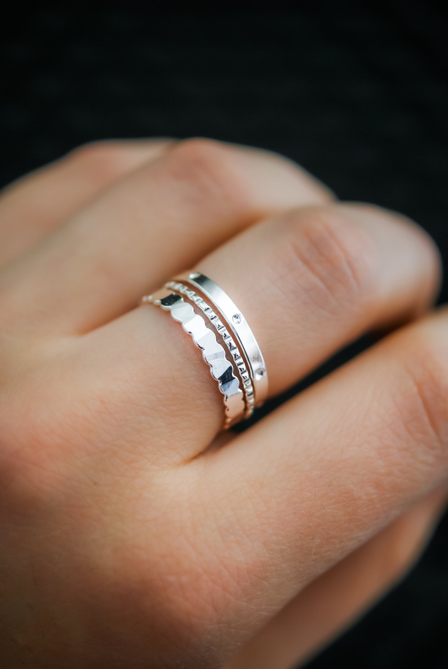 STACKED RING SET. THICK BEAD RING. 2MM. MOON RING. TEXTURED SET. LINED RING. 1MM. NOTCHED TEXTURE. EXTRA THICK DOT RING. DOTTED RING. CIRCLES. 2MM. GOLD ROSE OR SILVER.