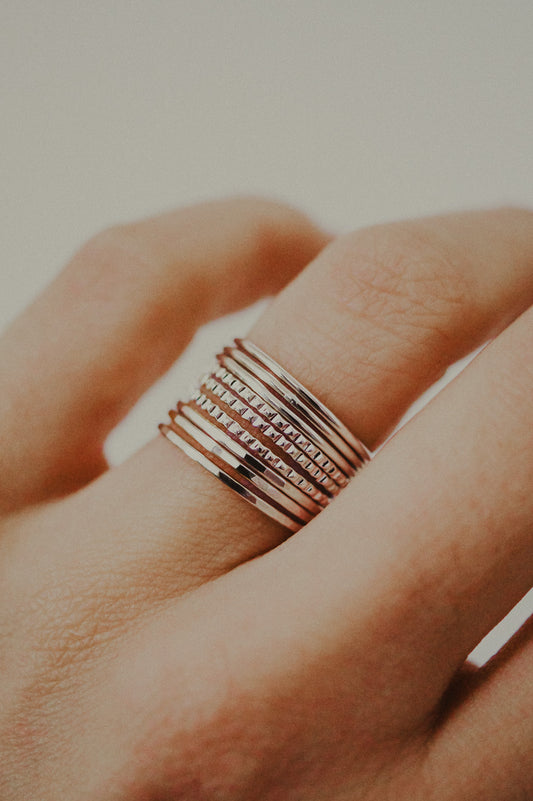 Lined Set of 9 Stacking Rings, Gold Fill, Rose Gold Fill or Sterling Silver