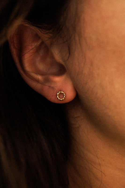 Mini Twist Open Circle Flat Back Stud Earring, Solid Gold or Rose Gold