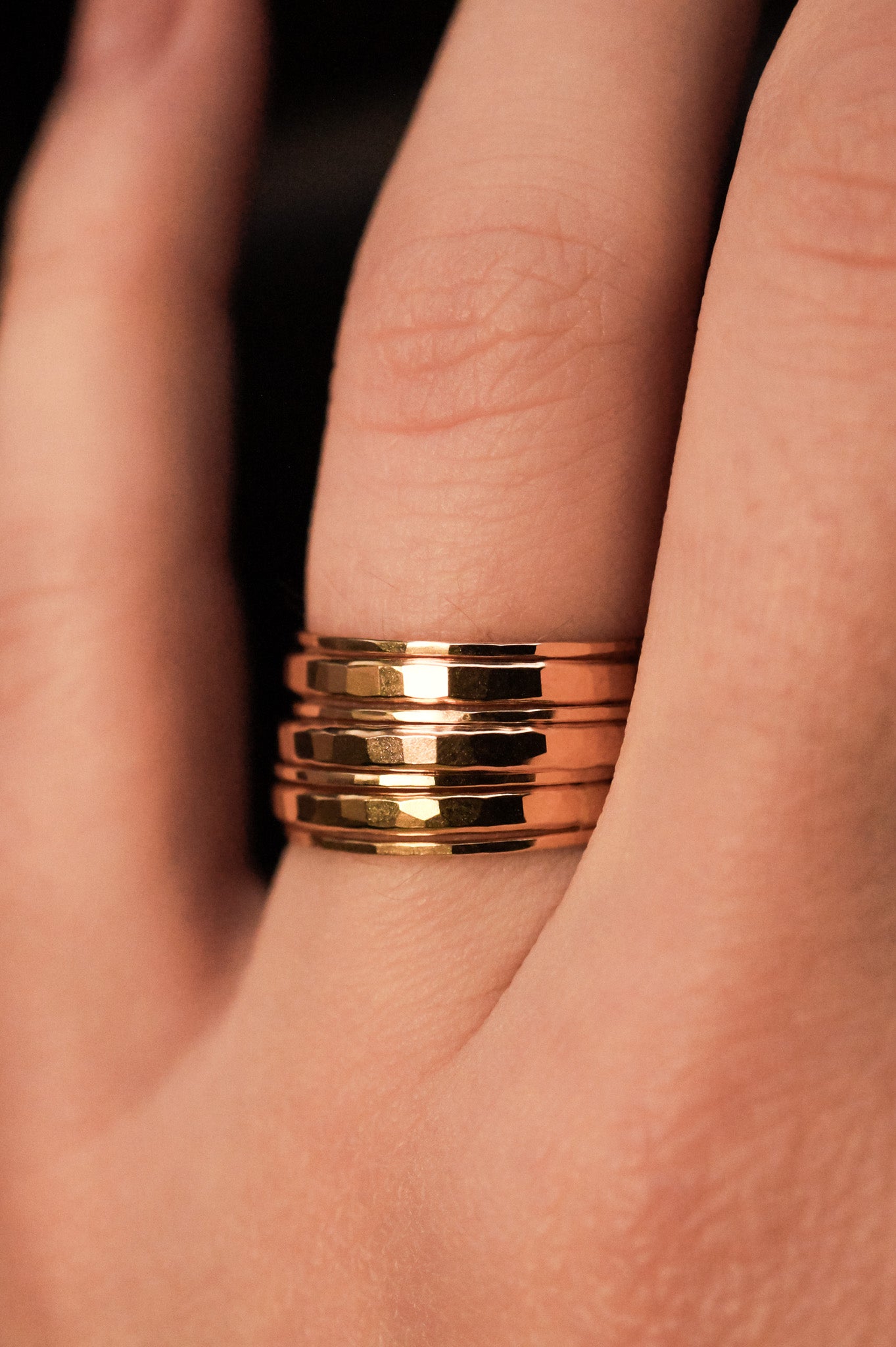 Hammered Thick Thin Set of Stacking Rings, Gold Fill, Rose