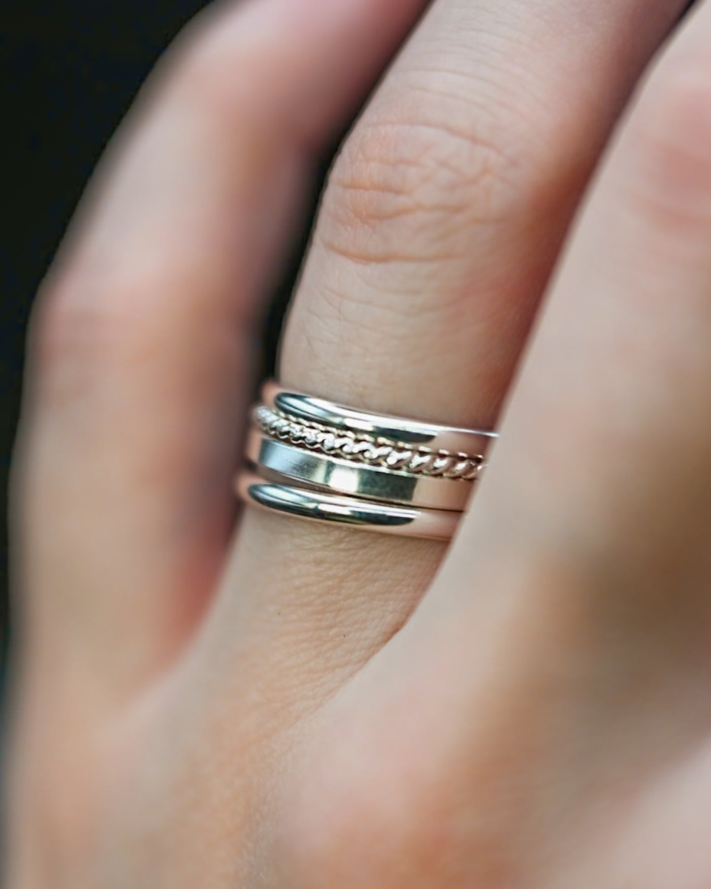Mirrored Extra Thick Set of 4 Stacking Rings, Gold Fill, Rose Gold Fill or Sterling Silver