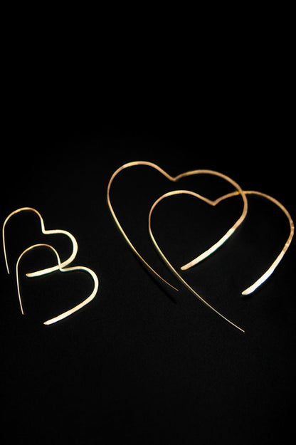 Heart Threader Hoop Earrings, Solid 14K Gold or Rose Gold