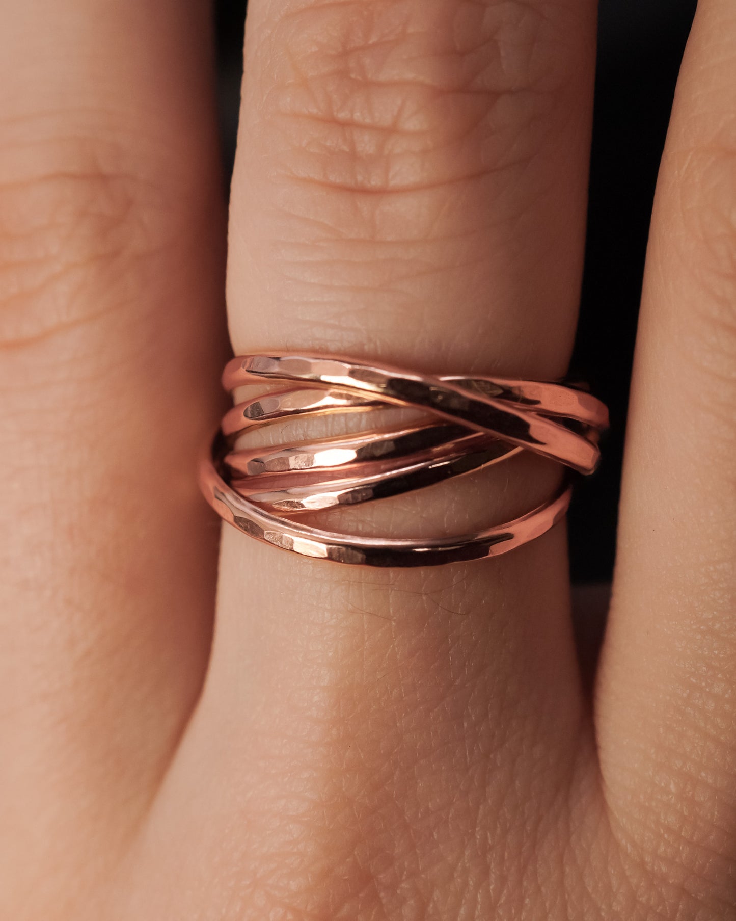 Thin Interlocking Set of 5 Rings, Solid 14K Rose Gold