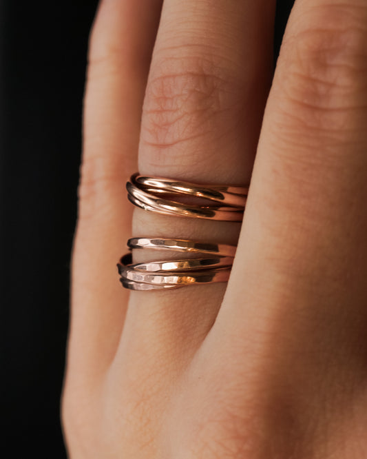 Thin Interlocking Set of 4 Rings, Solid 14K Rose Gold