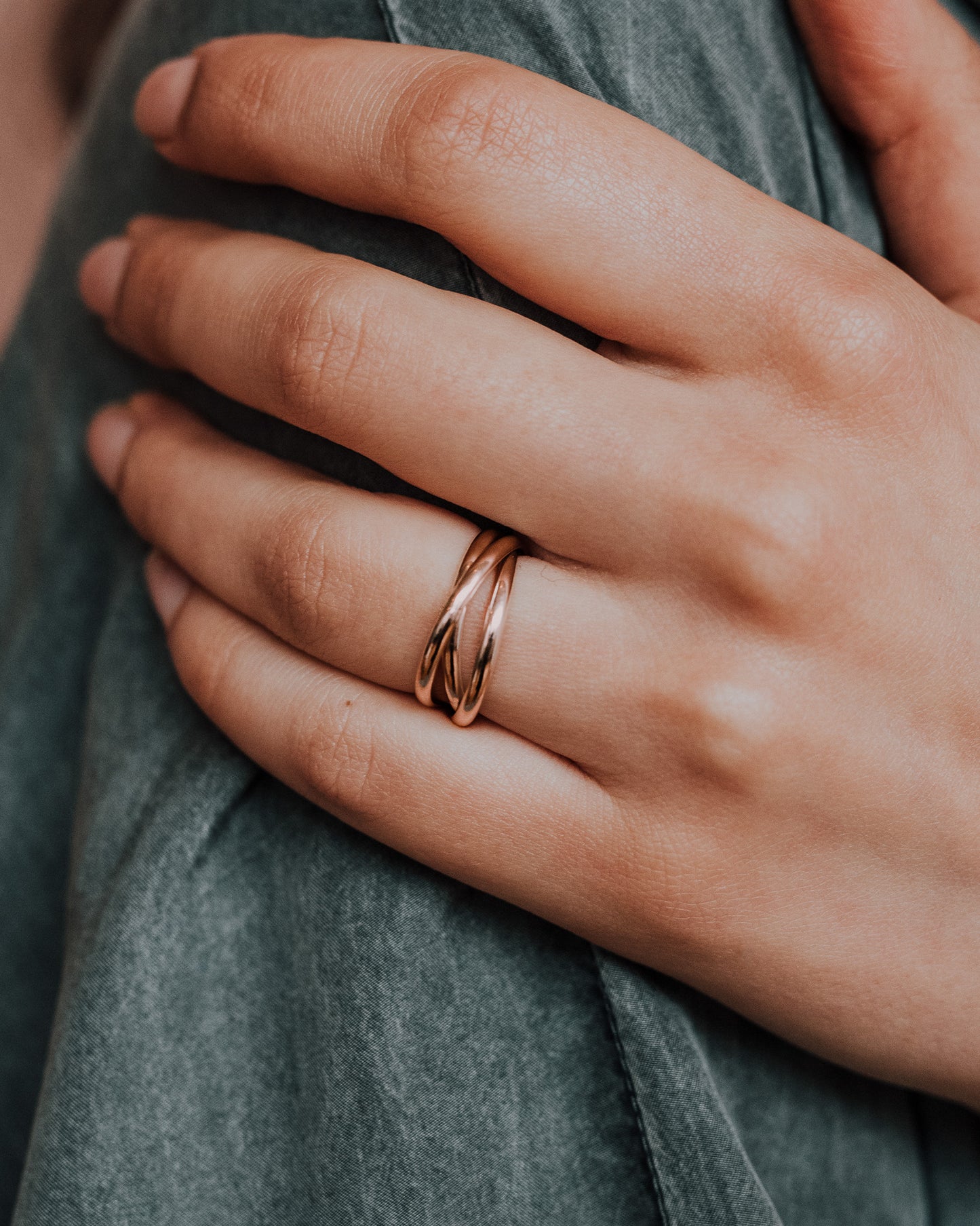 Thick Interlocking Set of 3 Rings, Solid 14K Rose Gold