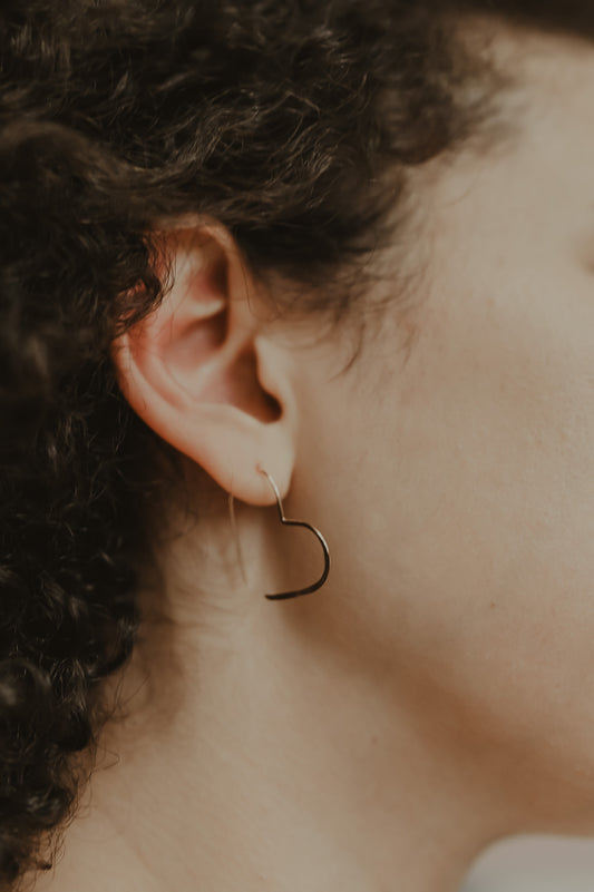 Heart Threader Hoop Earrings, Solid 14K Gold or Rose Gold