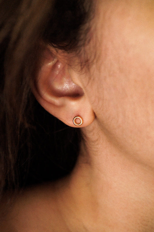 Mini Open Circle Flat Back Stud Earring, Solid Gold or Rose Gold
