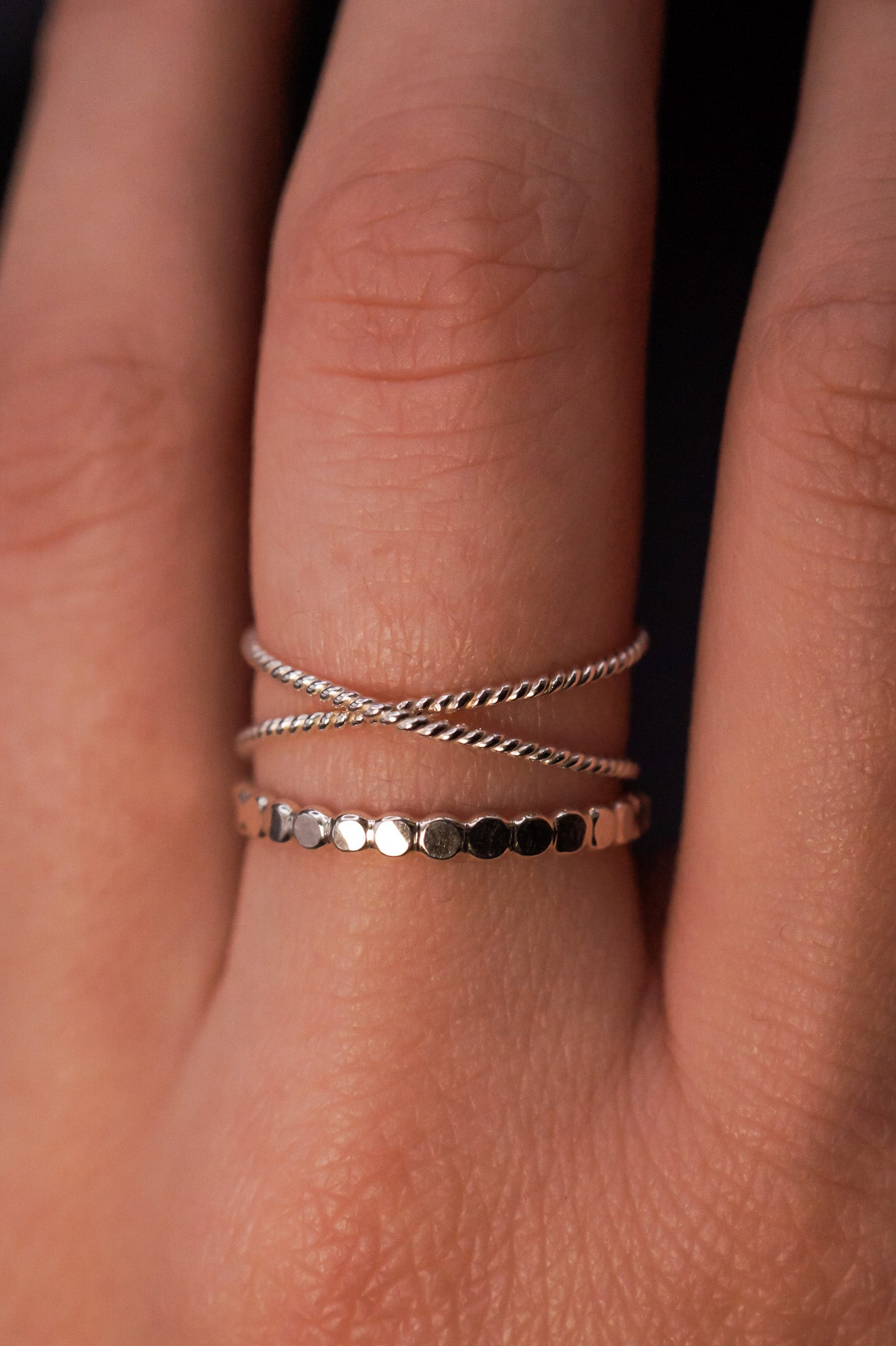Twisted X & Mini Bead Set of 2 Stacking Rings, Gold Fill, Rose Gold Fill or Sterling Silver