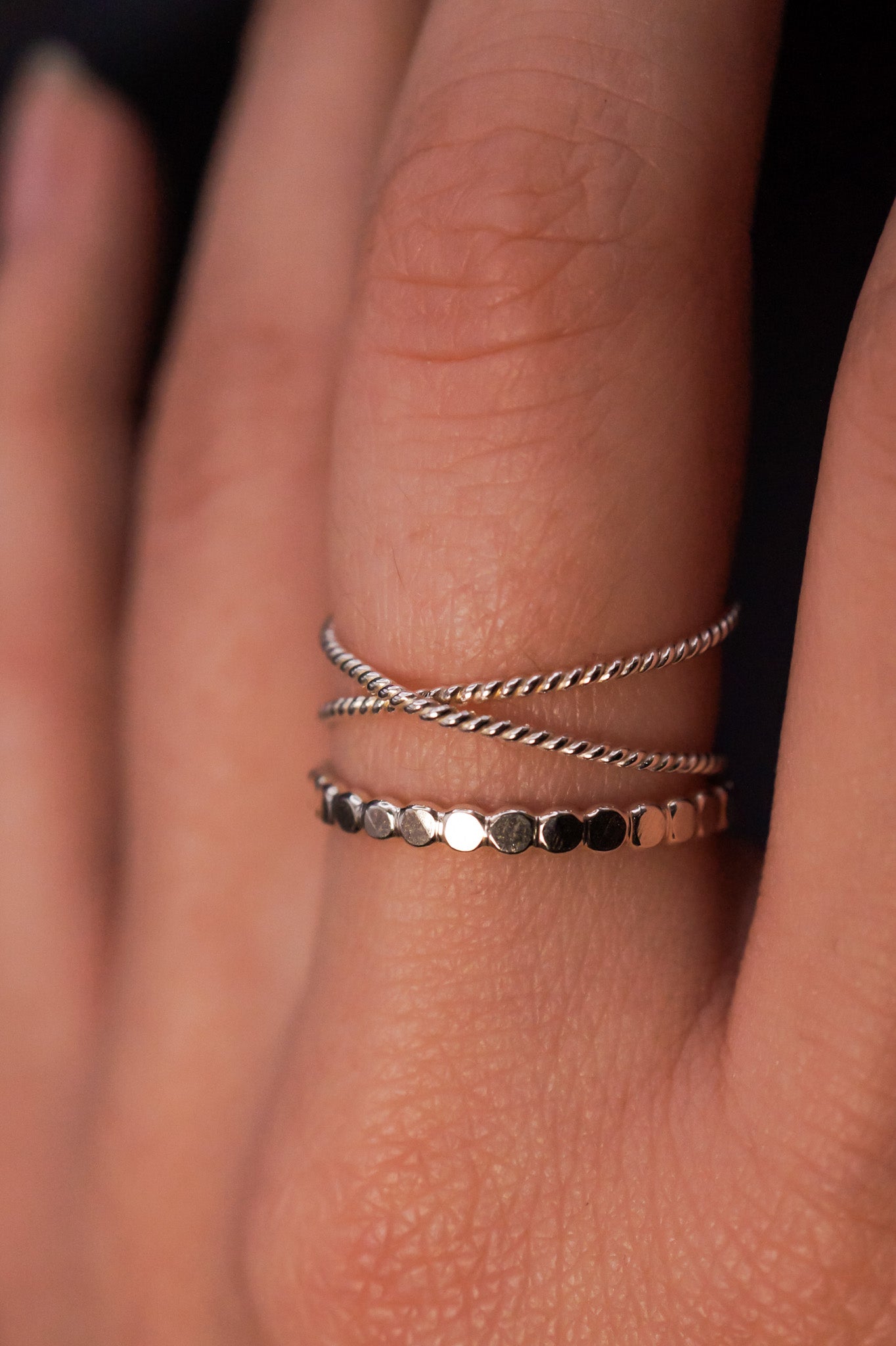 Twisted X & Mini Bead Set of 2 Stacking Rings, Gold Fill, Rose Gold Fill or Sterling Silver