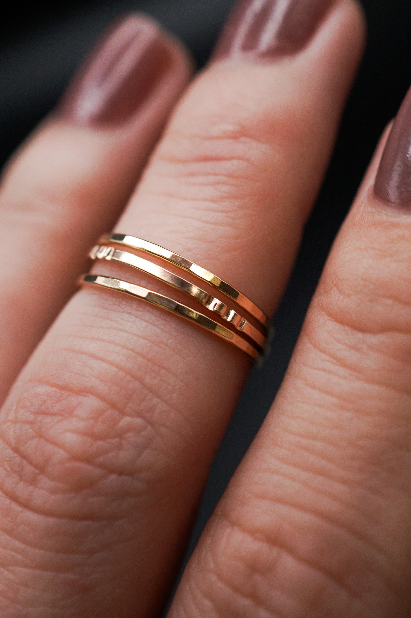 Hammered Square Lined Set Of 3 Stacking Rings, Gold Fill, Rose Gold Fill or Sterling Silver