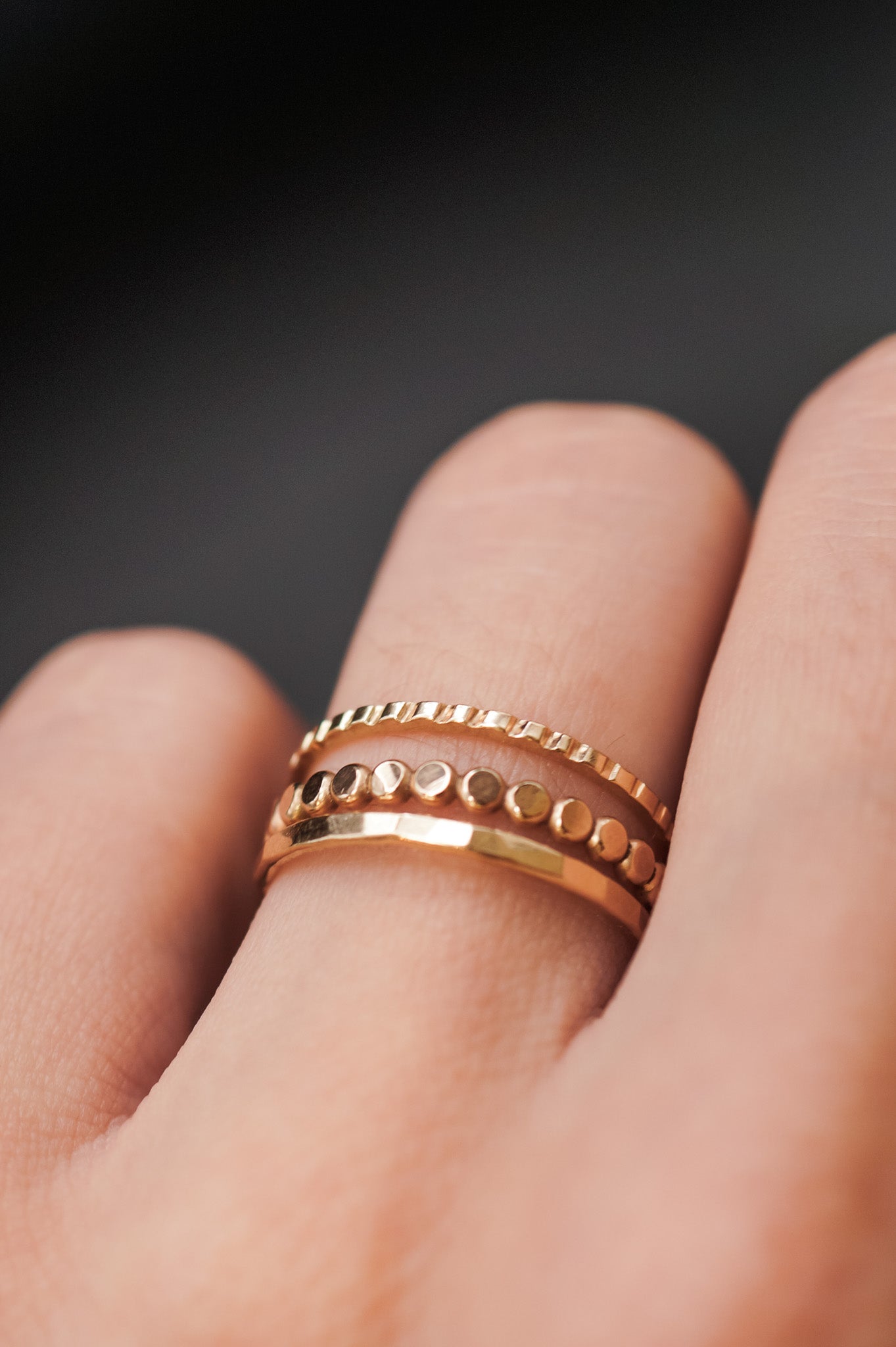 Mini Bead Half Lined Set of 3 Stacking Rings, Gold Fill, Rose Gold Fill or Sterling Silver