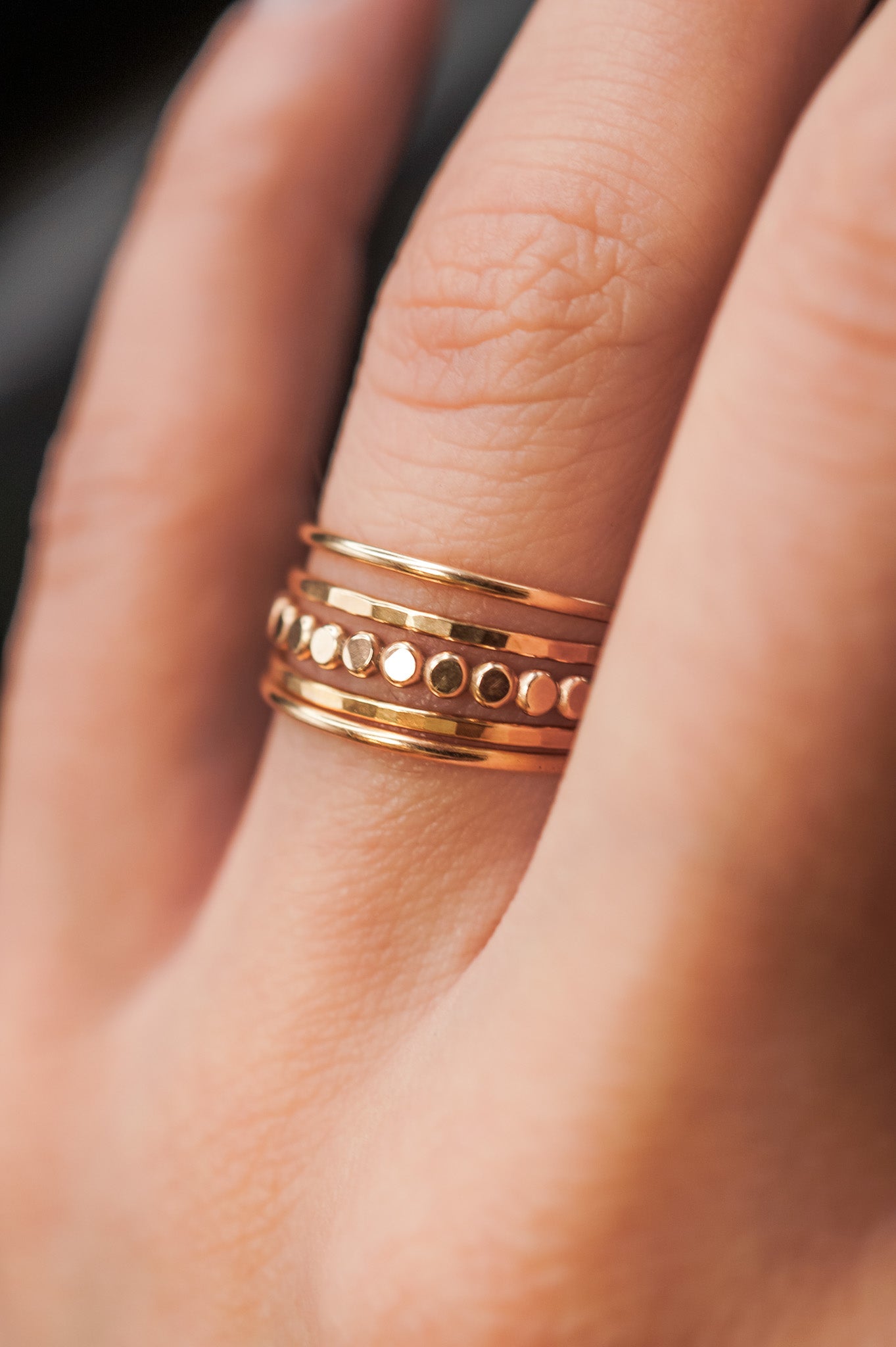 Medium Thick and Mini Bead Set of 5 Stacking Rings, Gold Fill or Rose Gold Fill