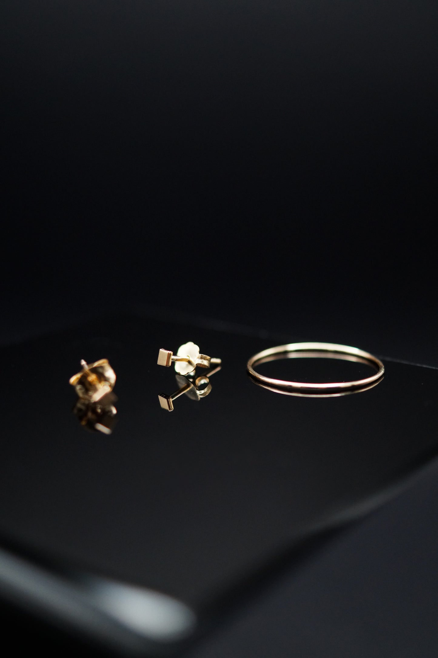 Ultra Thin Ring and Square Mirror Stud Set, 14K Gold Fill