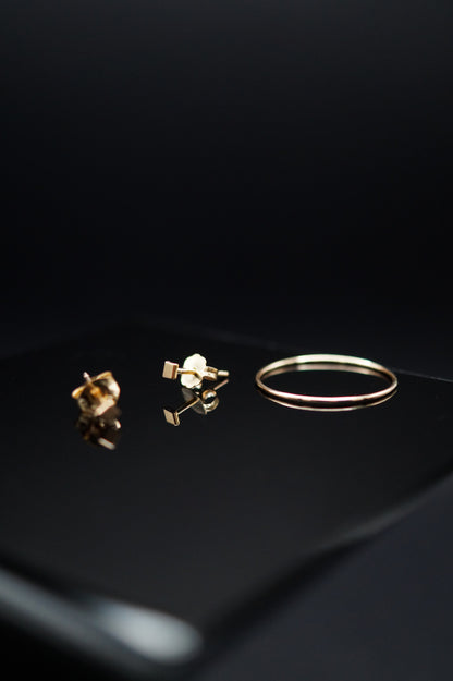 Ultra Thin Ring and Square Mirror Stud Set, 14K Gold Fill