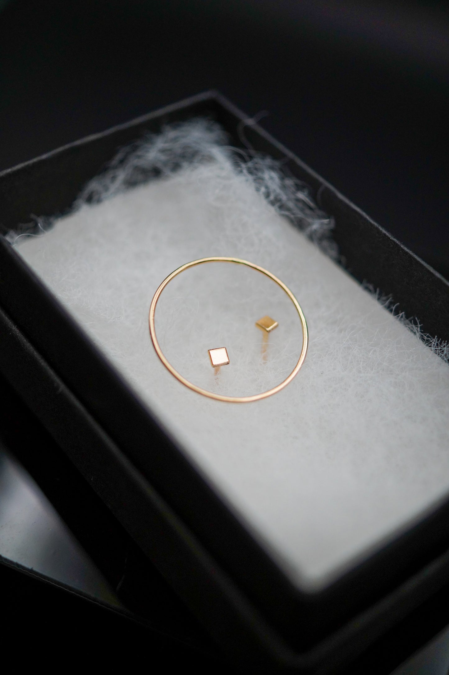 Ultra Thin Ring and Square Mirror Stud Set, 14K Gold Fill