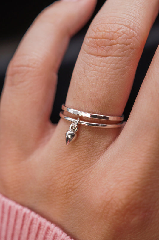 Teardrop Charm Set of 2 Stacking Rings, Sterling Silver
