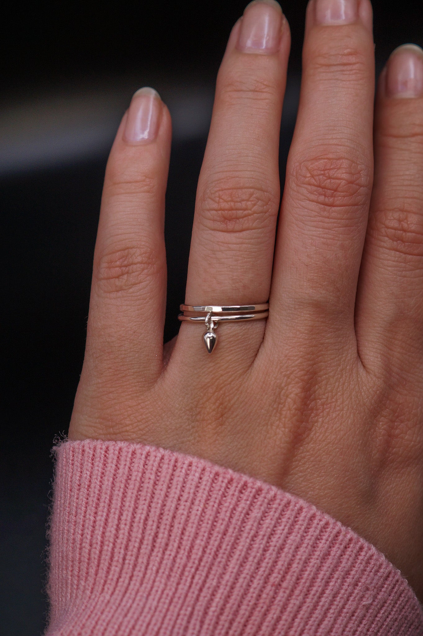 Teardrop Charm Set of 2 Stacking Rings, Sterling Silver