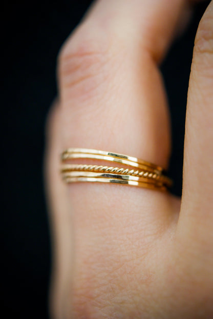 The Minimal Twist Set of 5 Stacking Rings, Solid 14K Gold or Rose Gold