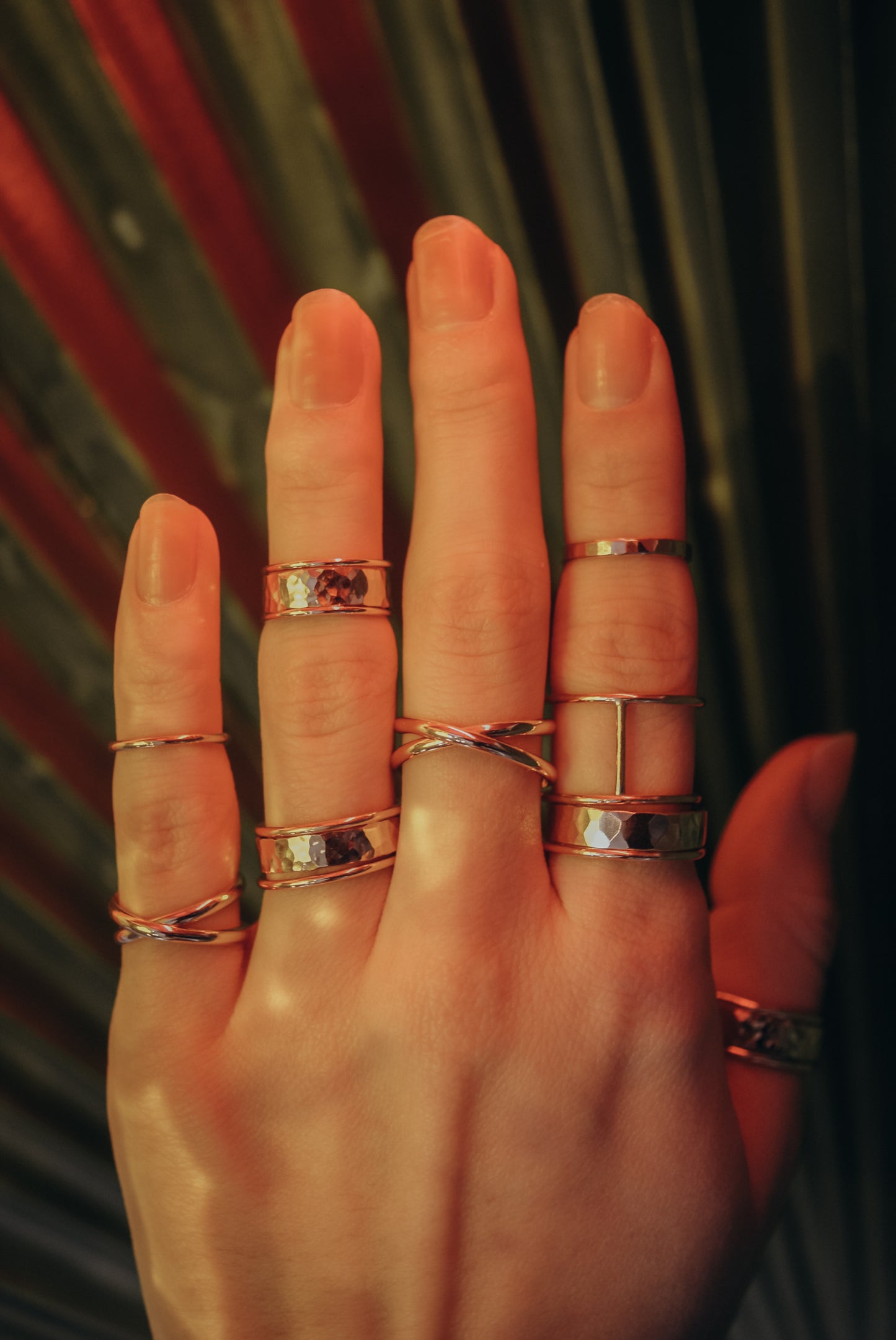 STACKING RING SET OF 3 SHOWN ON DIFFERENT FINGERS WITH SOME OF OUR OTHER PIECES! - HAMMERED THICK 5MM BAND WITH TWO SMALLER 1MM SMOOTH BANDS - GOLD FILL - STERLING SILVER - ROSE GOLD FILL - STACKABLE RINGS - INTERCHANGEABLE - WEDDING STYLE - CAN ALSO ACT AS A SPINNER RING!
