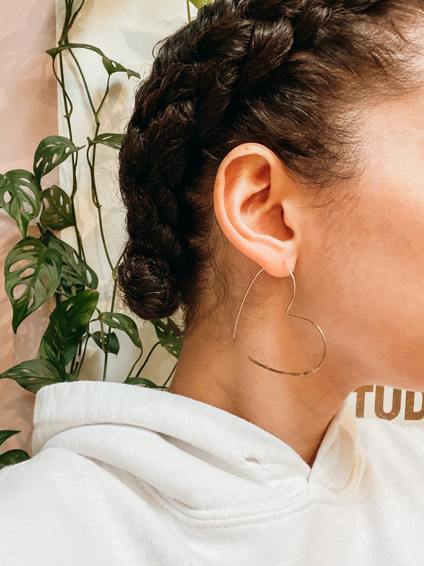 Heart Threader Hoop Earrings, Solid 14K Gold or Rose Gold