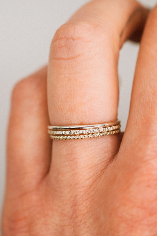 Mixed Texture Set of 3 Stacking Rings, Gold Fill, Rose Gold Fill or Sterling Silver