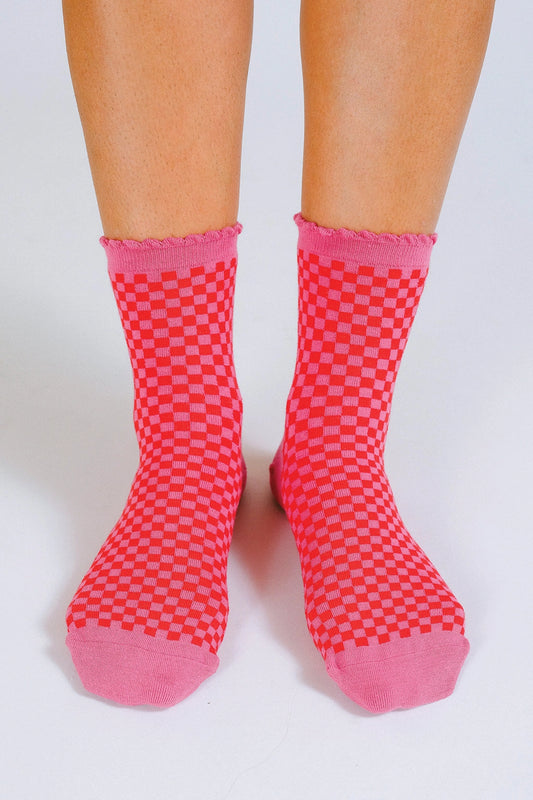 Pink Checkered Ankle Socks
