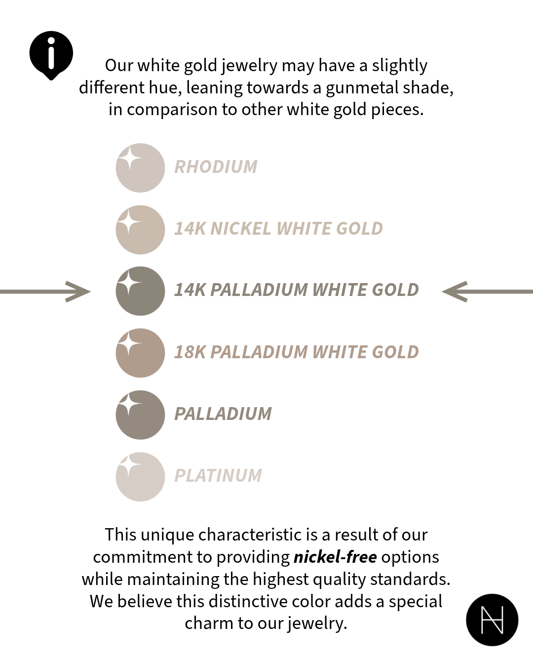 Please note that our nickel-free white gold jewelry may have a slightly different hue, leaning towards a gunmetal shade, in comparison to other white gold pieces. This unique characteristic is a result of our commitment to providing nickel-free options while maintaining the highest quality standards.