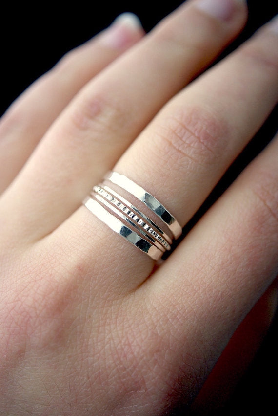 Extra Thick & Ultra Thin Lined Set of 5 Stacking Rings, Gold Fill, Rose Gold Fill or Sterling Silver