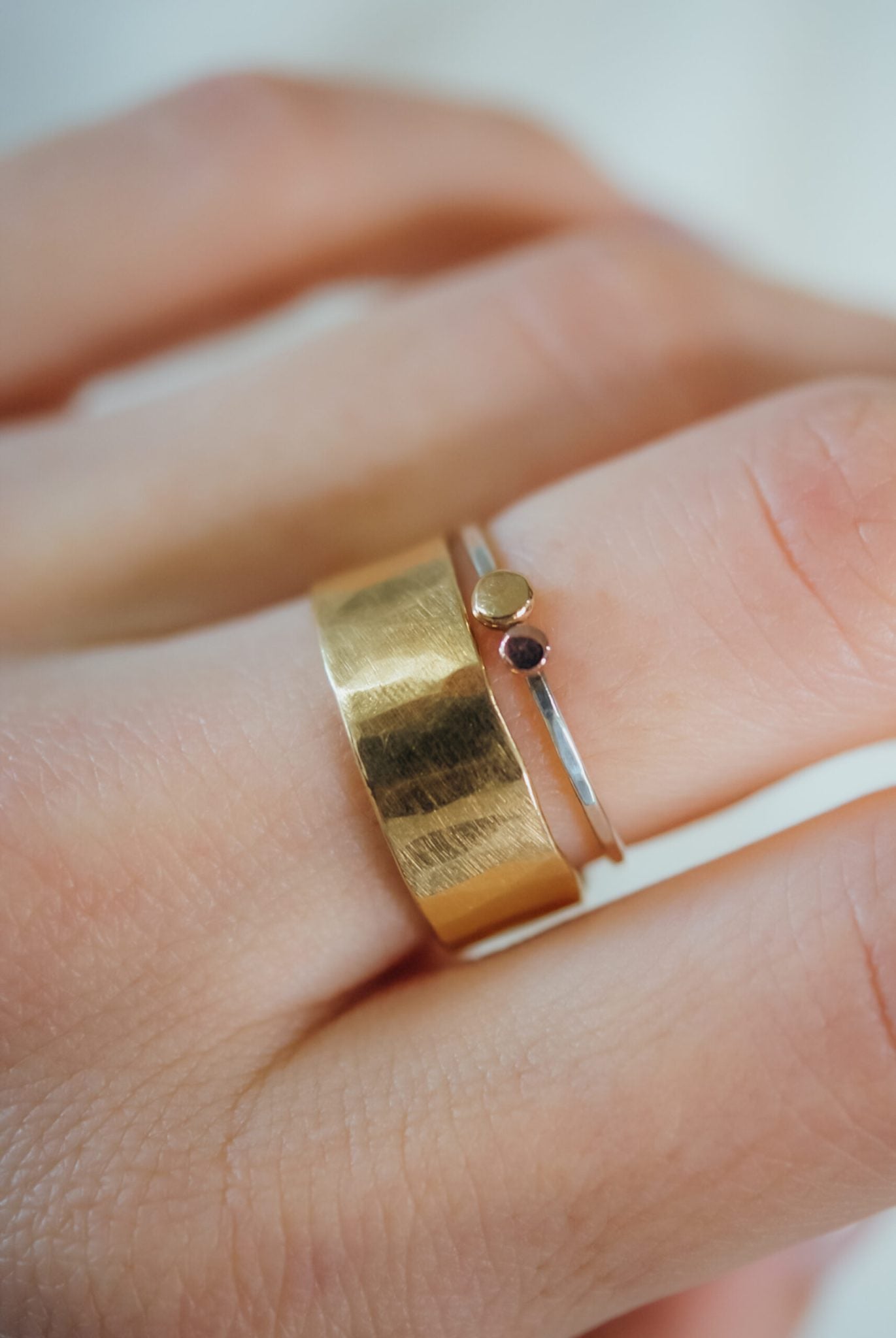 Double Pebble Ring, Solid 14K Gold & Rose Gold on a Silver Band