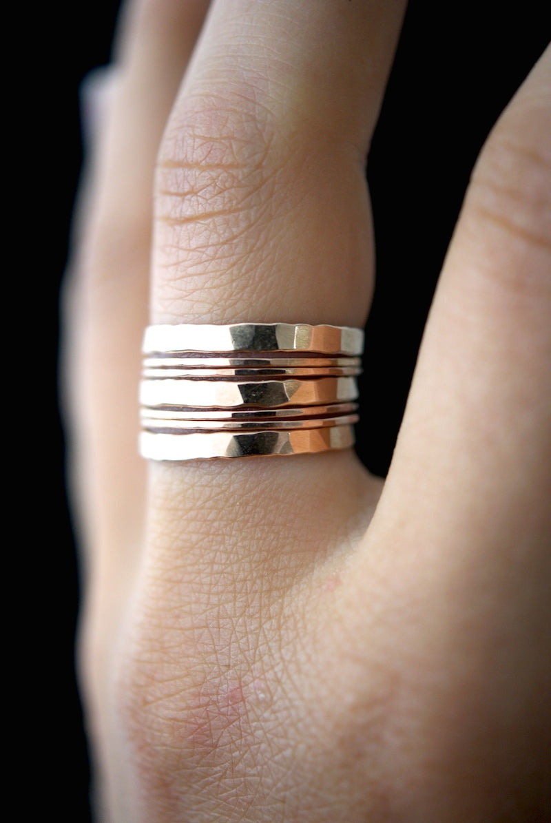 Hammered Thick & Thin Set of 7 Stacking Rings, Gold Fill, Rose Gold Fill or Sterling Silver