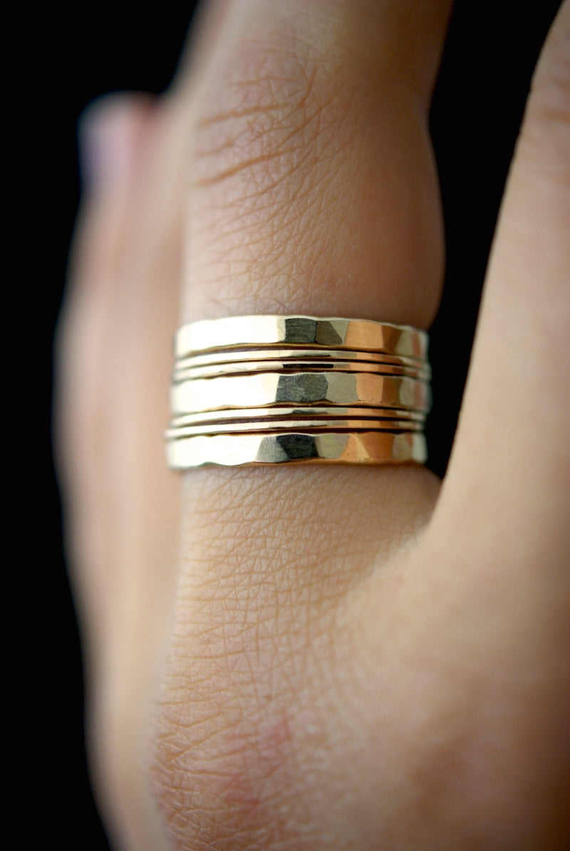 Hammered Thick & Thin Set of 7 Stacking Rings, Gold Fill, Rose Gold Fill or Sterling Silver
