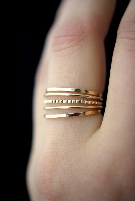 Medium Thick Lined Set of 5 Stacking Rings Gold Fill Rose Gold