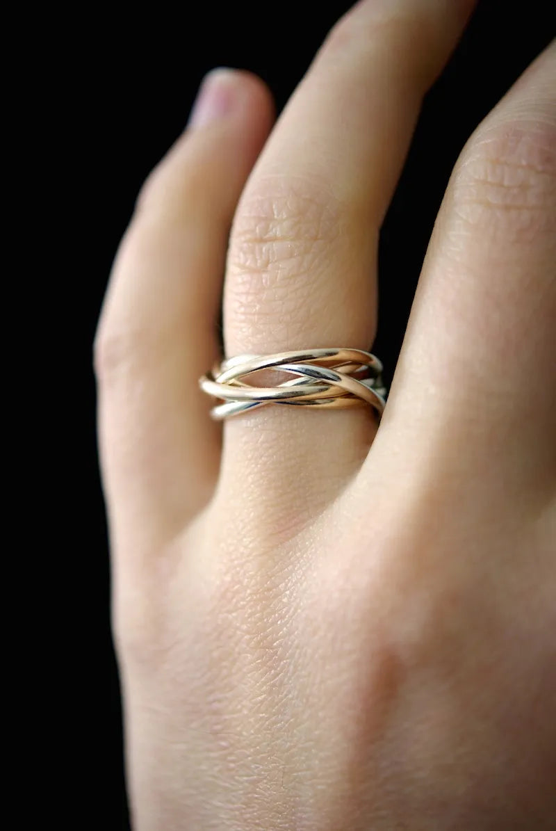 Thin Interlocking Set of 5 Rings, Solid Mixed Metals