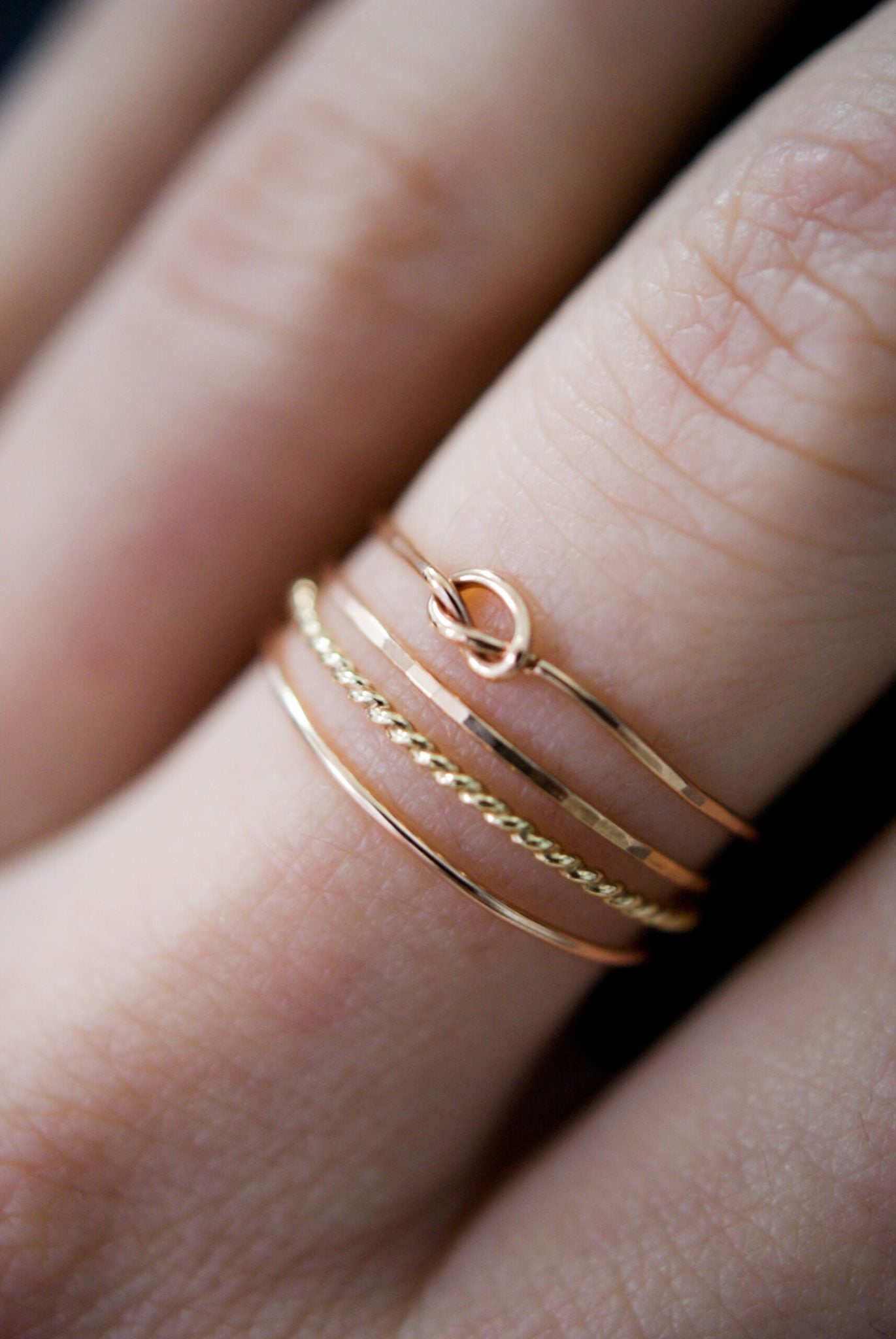 Open Knot & Twist Mixed Texture Set of 4 Stacking Rings, Gold Fill, Rose Gold Fill or Sterling Silver