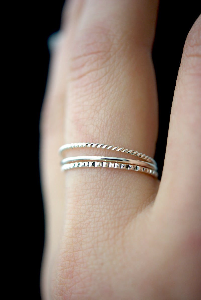 Mixed Texture Set of 3 Stacking Rings, Gold Fill, Rose Gold Fill or Sterling Silver
