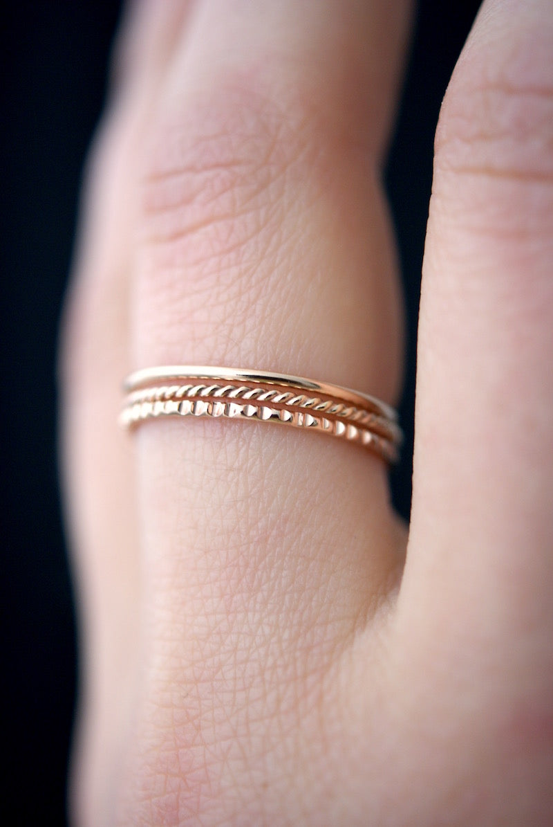 Mixed Texture Set of 3 Stacking Rings, Gold Fill, Rose Gold Fill or Sterling Silver
