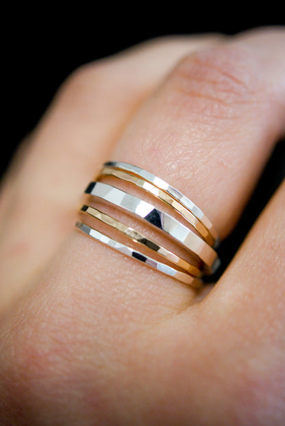 Thick Square Set of 5 Stacking Rings, Sterling Silver or Mixed Metal